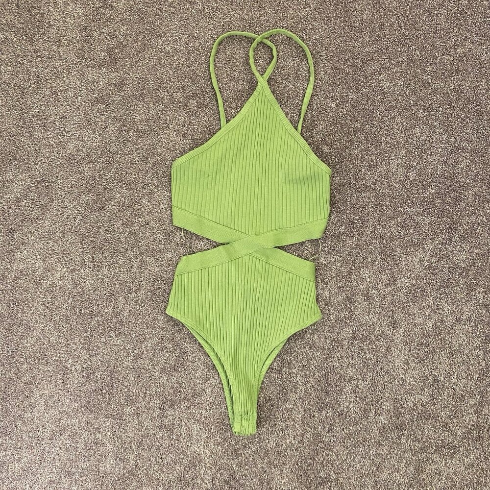 Zara Lime Green Ribbed Crisscross Bodysuit - Picture 5 of 16
